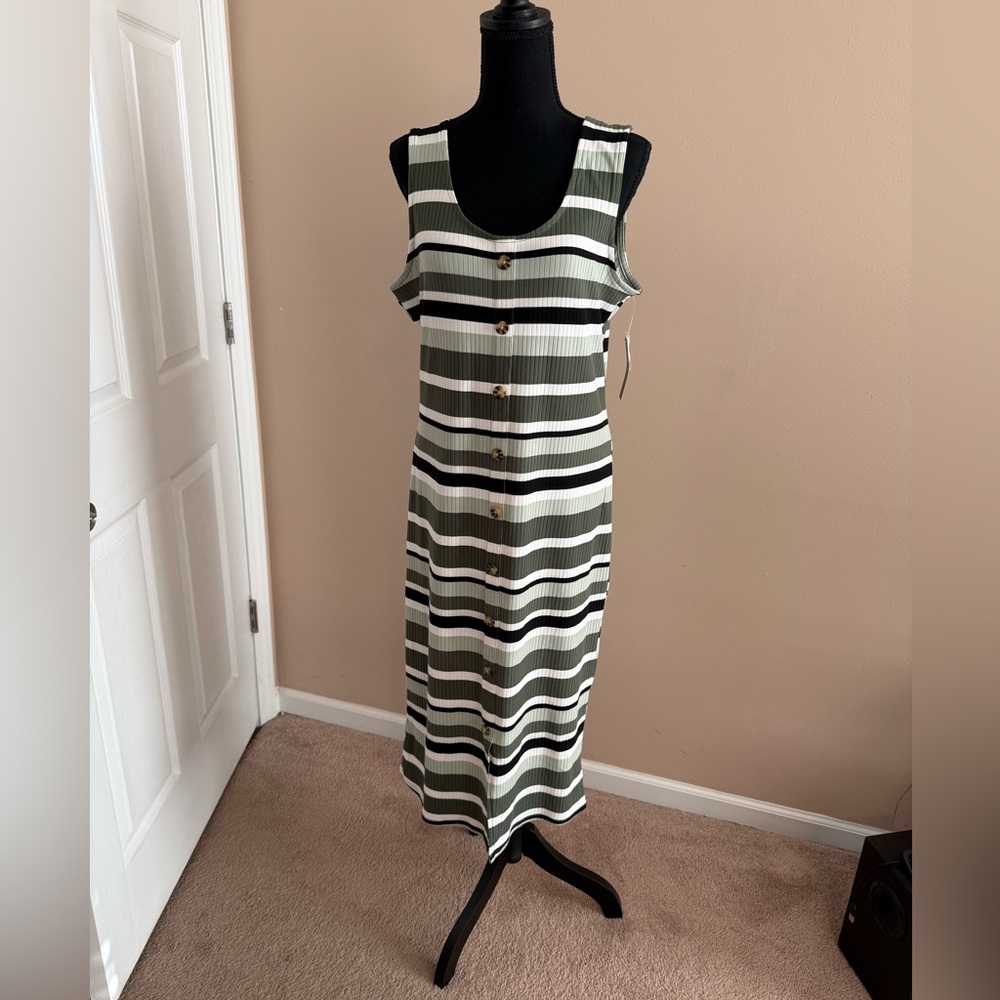 No Boundaries Olive, White & Black Striped Midi Button Dress
